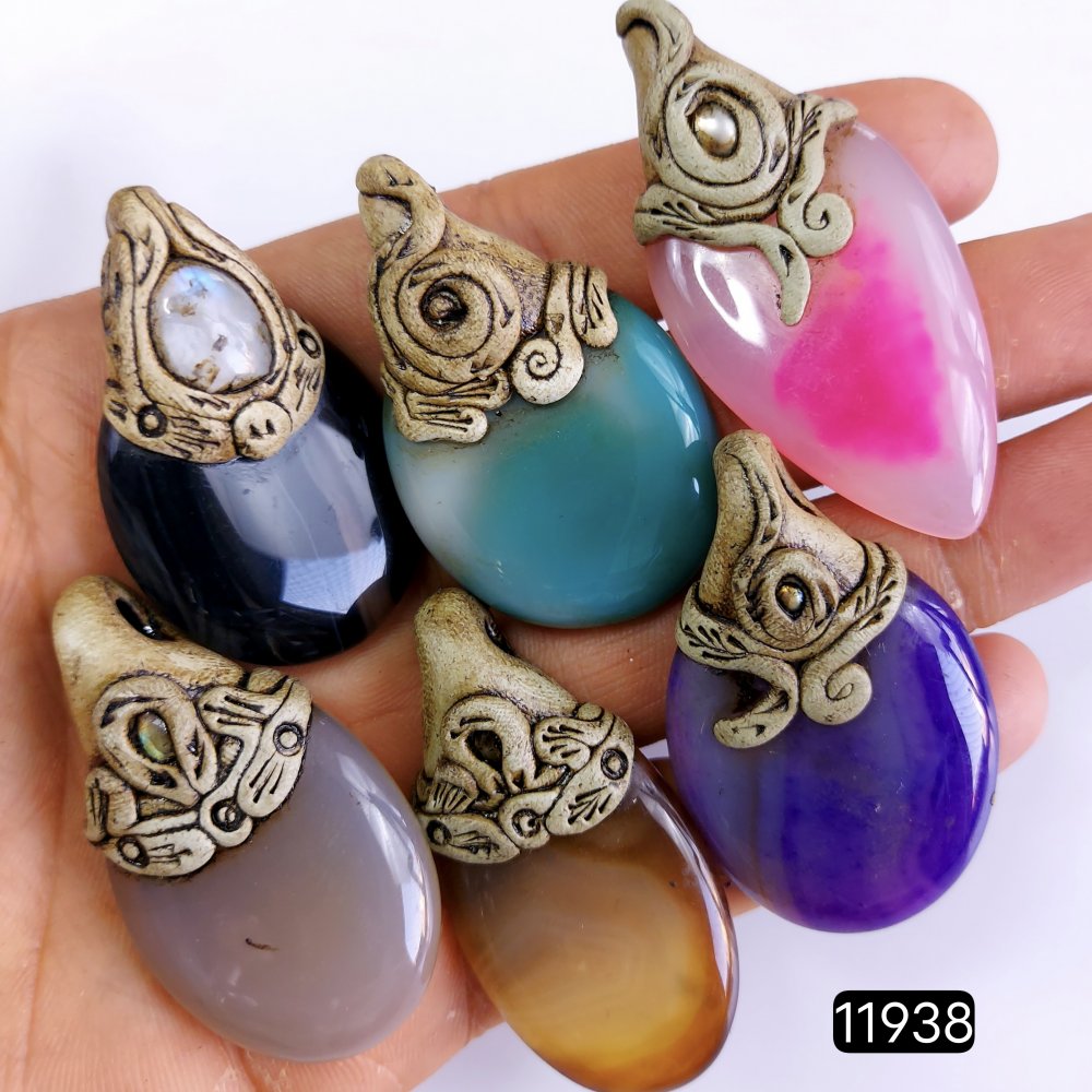 6 Pcs 492 Cts  Natural Mix Onyx Gemstone Polymer Clay Pendant, Handmade polymer clay jewelry Necklaces ,Semi-precious gemstone pendants 2-2.50-Inchmm #R-11938