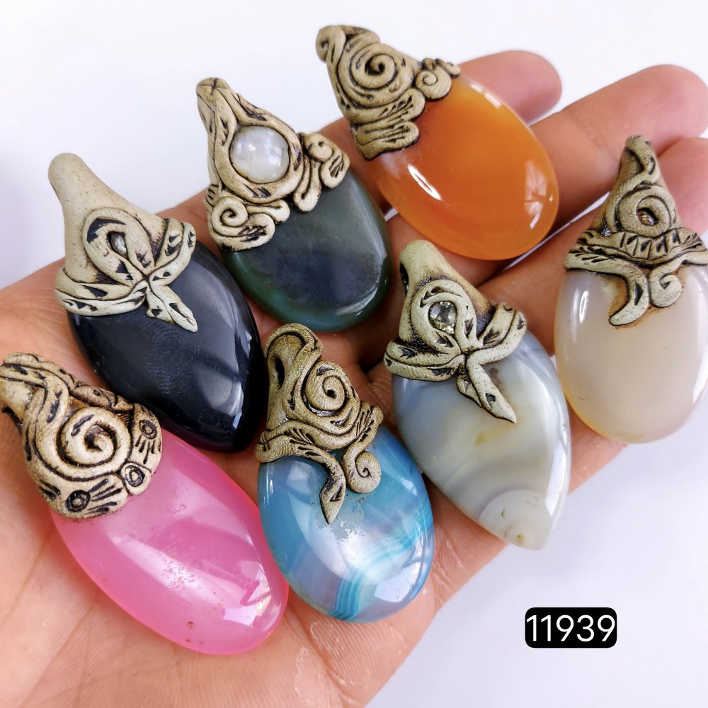 7 Pcs 580 Cts  Natural Mix Onyx Gemstone Polymer Clay Pendant, Handmade polymer clay jewelry Necklaces ,Semi-precious gemstone pendants 2-2.50-Inchmm #11939