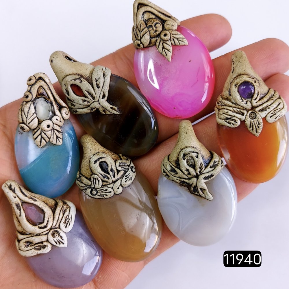 7 Pcs 576 Cts  Natural Mix Onyx Gemstone Polymer Clay Pendant, Handmade polymer clay jewelry Necklaces ,Semi-precious gemstone pendants 2-2.50-Inchmm #11940