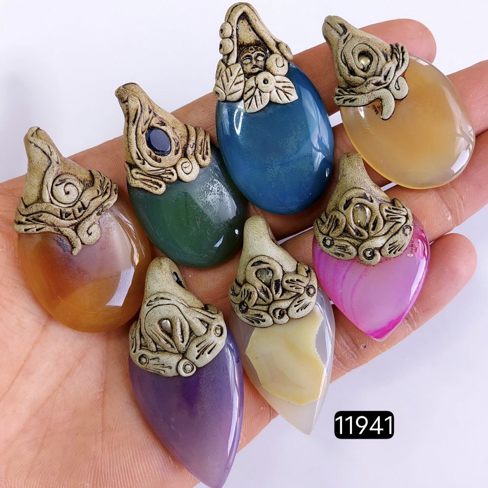 7 Pcs 534 Cts  Natural Mix Onyx Gemstone Polymer Clay Pendant, Handmade polymer clay jewelry Necklaces ,Semi-precious gemstone pendants 2-2.50-Inchmm #R-11941