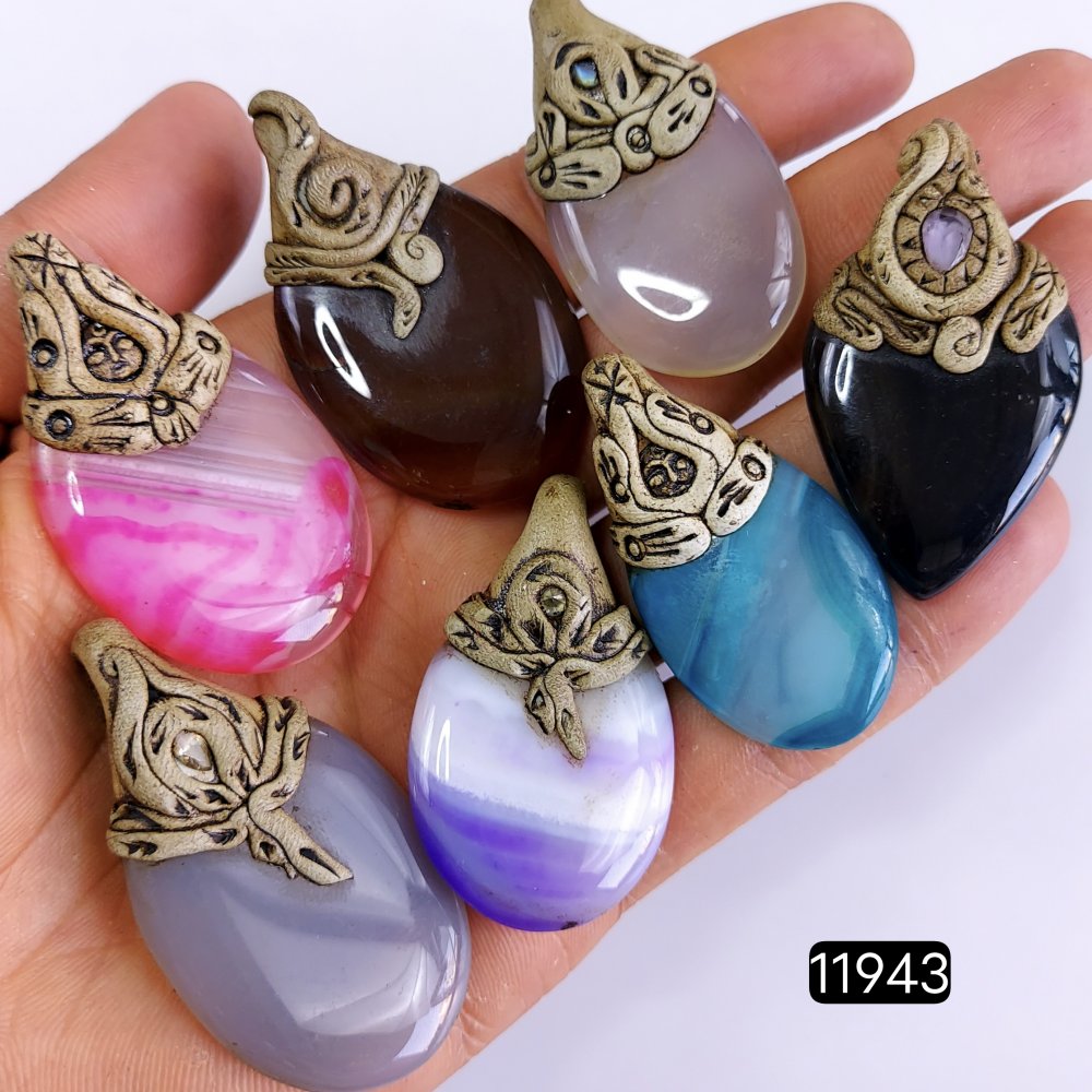 7 Pcs 597 Cts  Natural Mix Onyx Gemstone Polymer Clay Pendant, Handmade polymer clay jewelry Necklaces ,Semi-precious gemstone pendants 2-2.50-Inchmm #R-11943