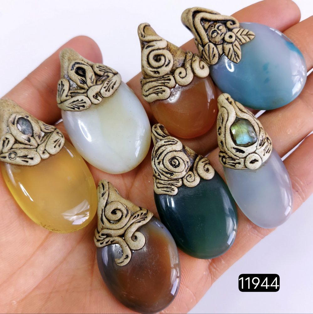 7 Pcs 592 Cts  Natural Mix Onyx Gemstone Polymer Clay Pendant, Handmade polymer clay jewelry Necklaces ,Semi-precious gemstone pendants 2-2.50-Inchmm #11944