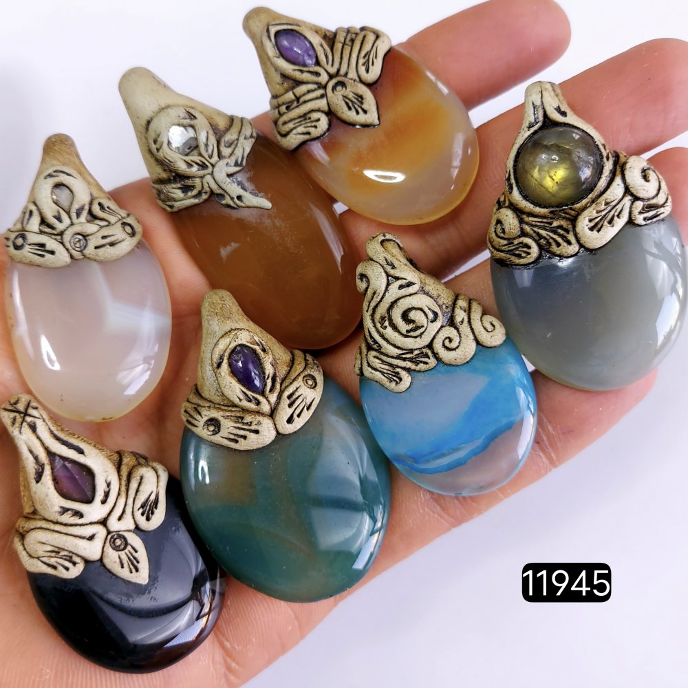 7 Pcs 616 Cts  Natural Mix Onyx Gemstone Polymer Clay Pendant, Handmade polymer clay jewelry Necklaces ,Semi-precious gemstone pendants 2-2.50-Inchmm #11945