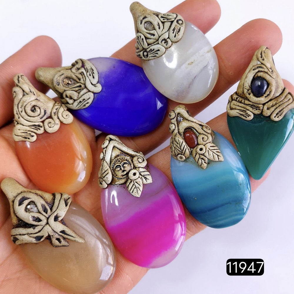 7 Pcs 626 Cts  Natural Mix Onyx Gemstone Polymer Clay Pendant, Handmade polymer clay jewelry Necklaces ,Semi-precious gemstone pendants 2-2.50-Inchmm #R-11947