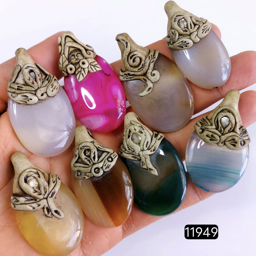 8 Pcs 670 Cts  Natural Mix Onyx Gemstone Polymer Clay Pendant, Handmade polymer clay jewelry Necklaces ,Semi-precious gemstone pendants 2-2.50-Inchmm #R-11949