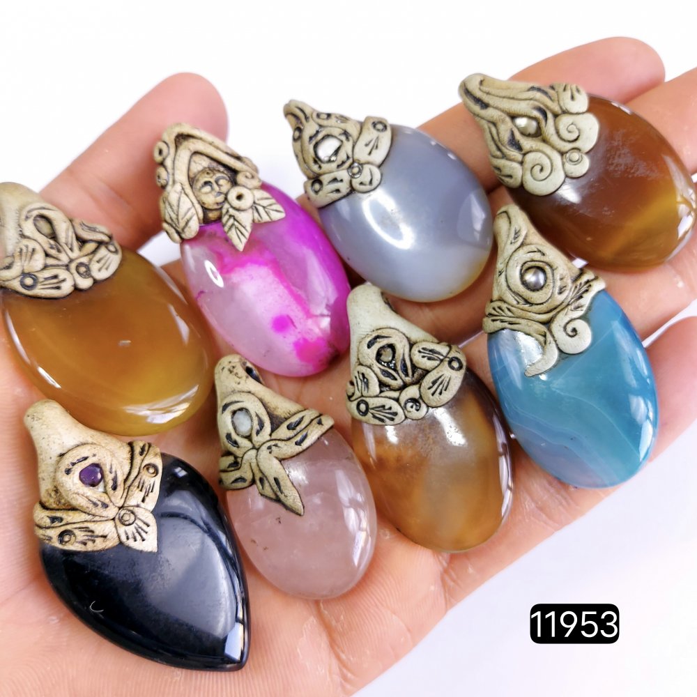 8 Pcs 669 Cts  Natural Mix Onyx Gemstone Polymer Clay Pendant, Handmade polymer clay jewelry Necklaces ,Semi-precious gemstone pendants 2-2.50-Inchmm #11953