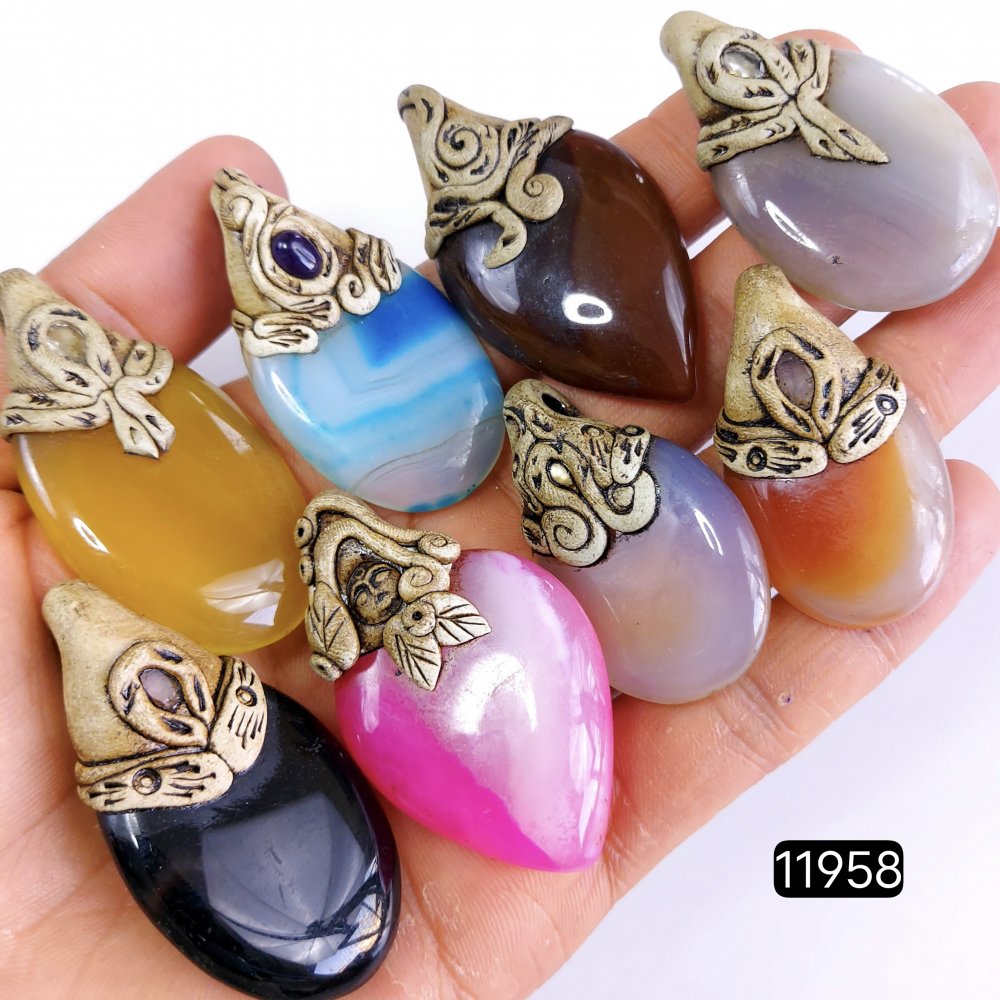 8 Pcs 740 Cts  Natural Mix Onyx Gemstone Polymer Clay Pendant, Handmade polymer clay jewelry Necklaces ,Semi-precious gemstone pendants 2-2.50-Inchmm #11958