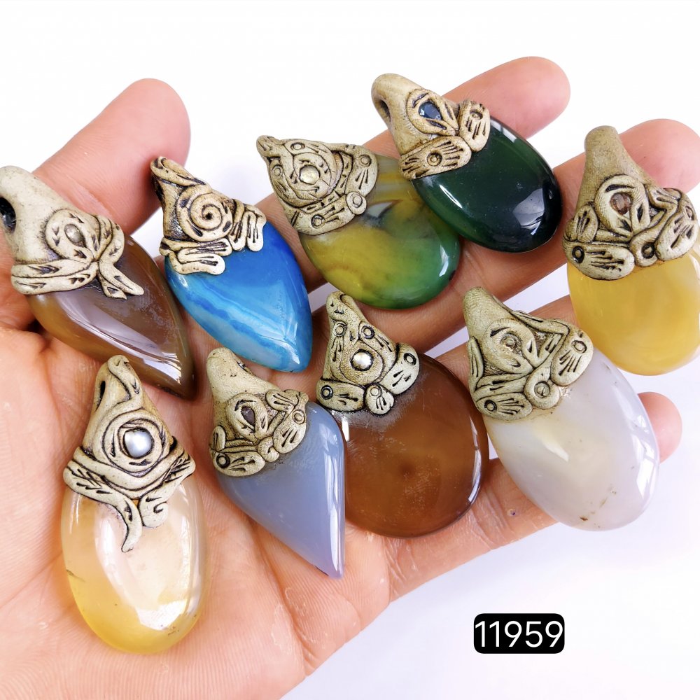 9 Pcs 720 Cts  Natural Mix Onyx Gemstone Polymer Clay Pendant, Handmade polymer clay jewelry Necklaces ,Semi-precious gemstone pendants 2-2.50-Inchmm #R-11959