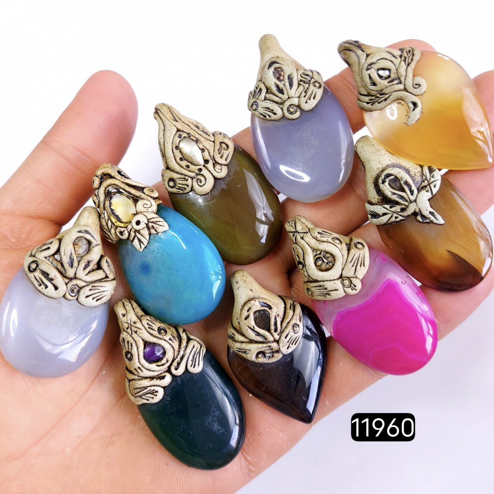 9 Pcs 750 Cts  Natural Mix Onyx Gemstone Polymer Clay Pendant, Handmade polymer clay jewelry Necklaces ,Semi-precious gemstone pendants 2-2.50-Inchmm #11960