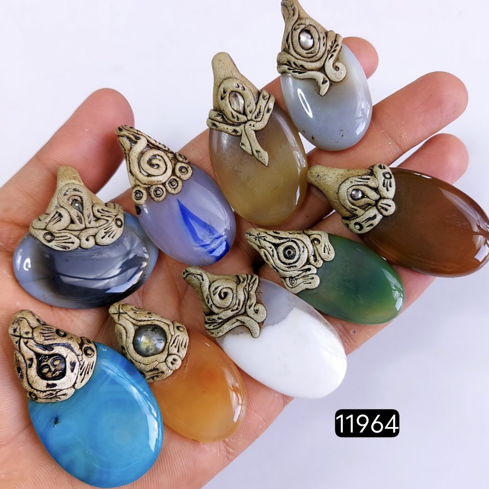 9 Pcs 800 Cts  Natural Mix Onyx Gemstone Polymer Clay Pendant, Handmade polymer clay jewelry Necklaces ,Semi-precious gemstone pendants 2-2.50-Inchmm #11964