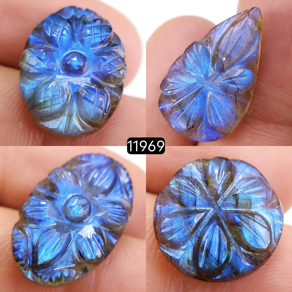 4Pcs 48Cts  Natural Labradorite Mughal Carved Cabochon Blue Flashy Labradorite Carving Gemstone Mix Shape Loose Gemstone Flat Back Labradorite  22x14-15x15mm #11969