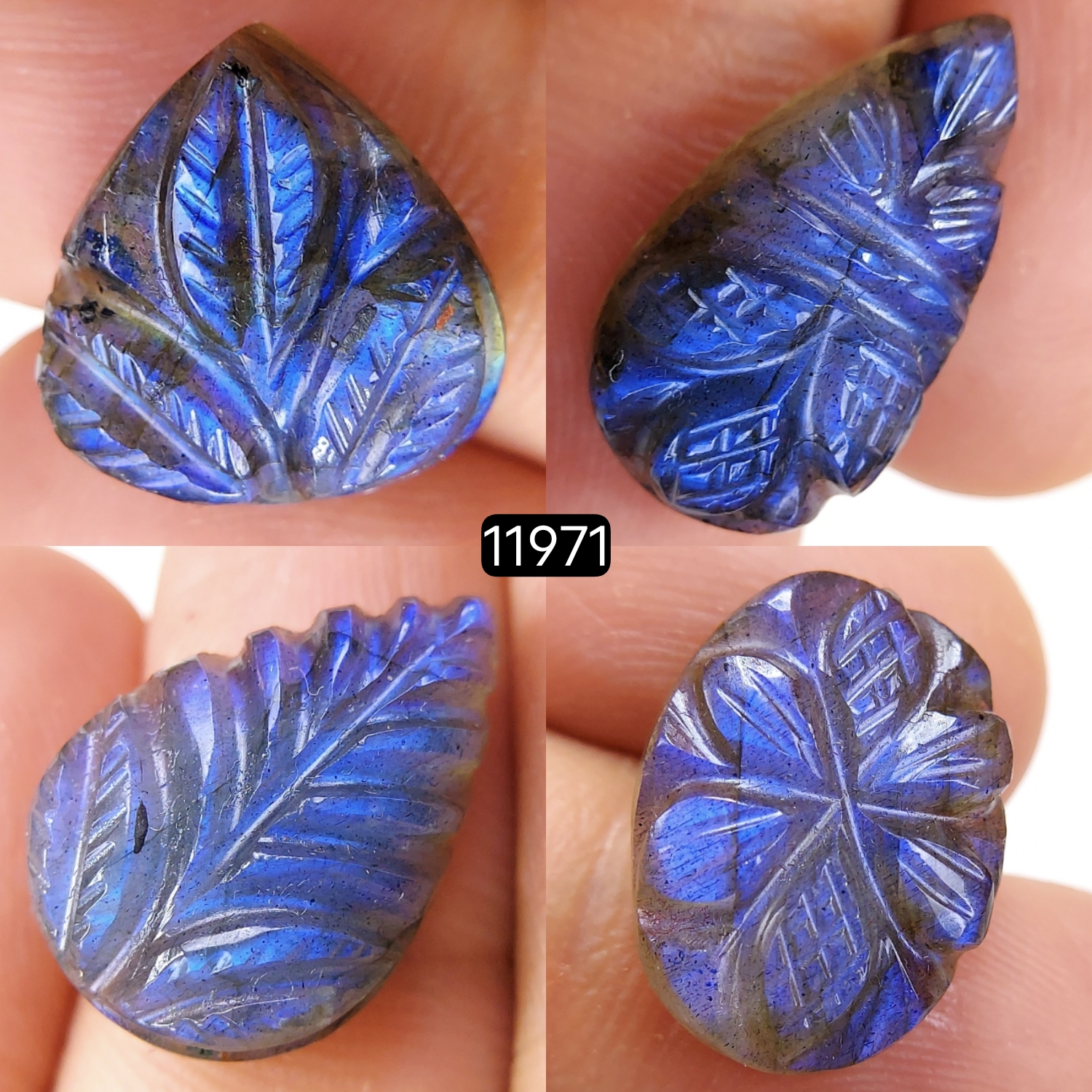 4Pcs 38Cts  Natural Labradorite Mughal Carved Cabochon Blue Flashy Labradorite Carving Gemstone Mix Shape Loose Gemstone Flat Back Labradorite  20x10-14x14mm 11971