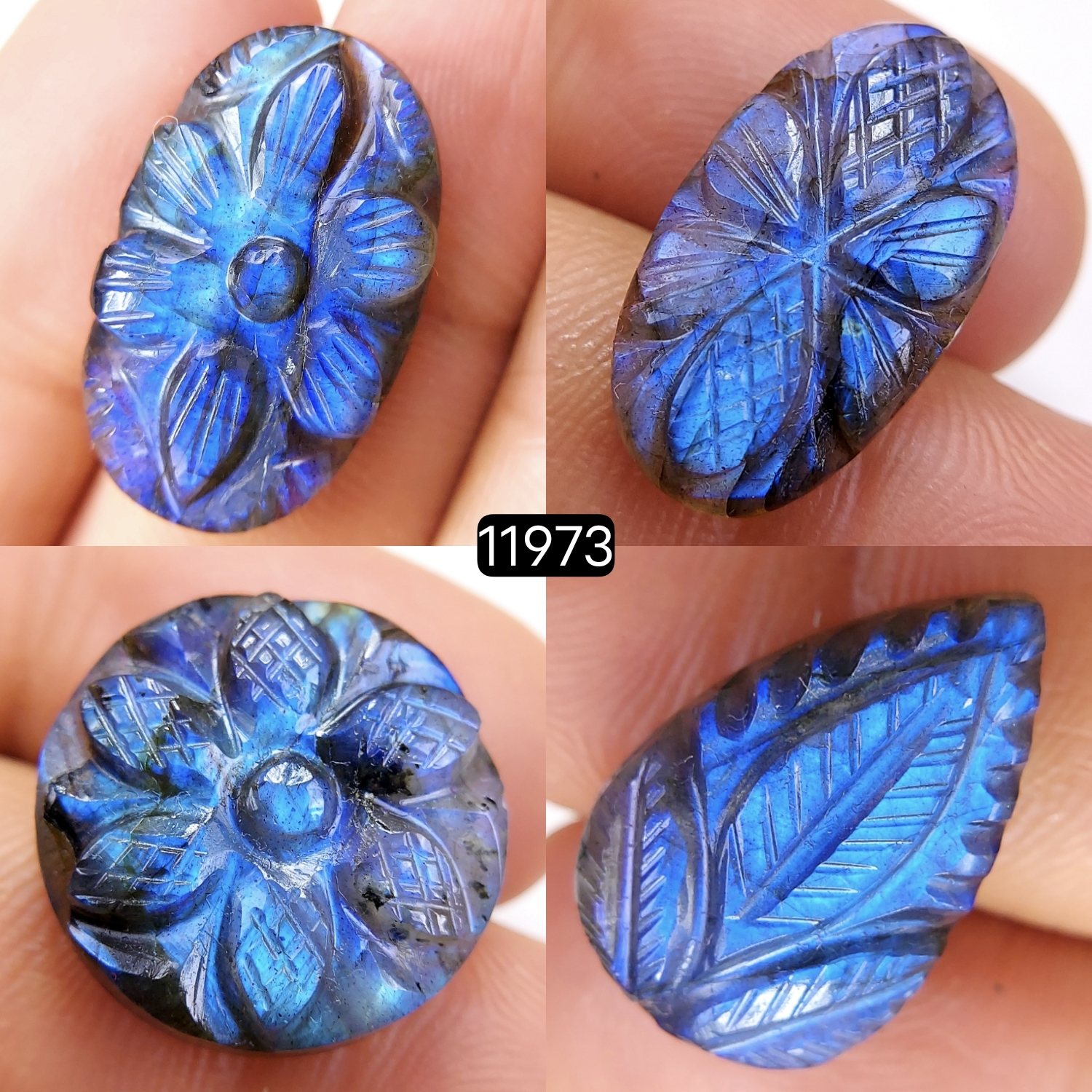 4Pcs 57Cts  Natural Labradorite Mughal Carved Cabochon Blue Flashy Labradorite Carving Gemstone Mix Shape Loose Gemstone Flat Back Labradorite  25x15-18x18mm 11973