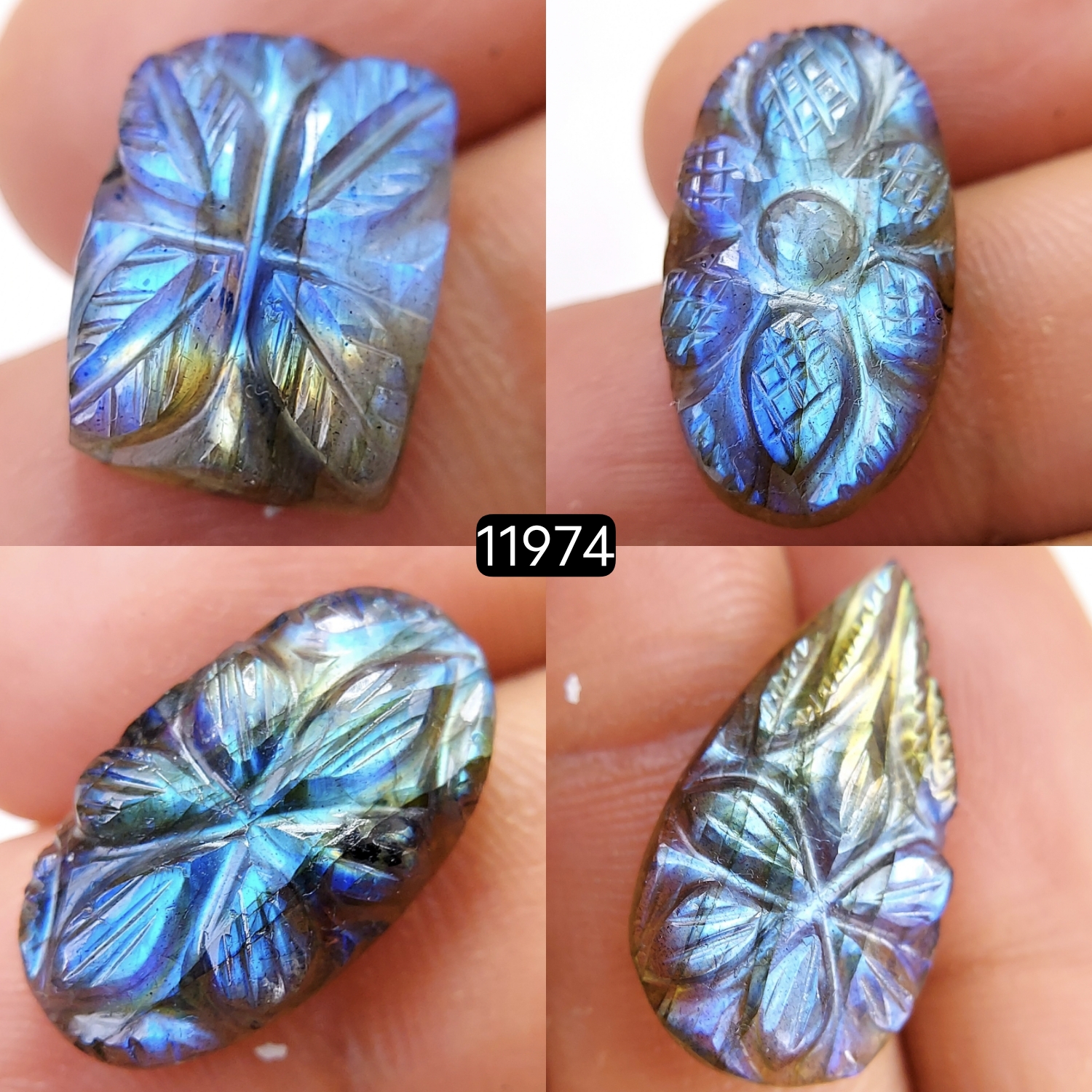 4Pcs 48Cts  Natural Labradorite Mughal Carved Cabochon Blue Flashy Labradorite Carving Gemstone Mix Shape Loose Gemstone Flat Back Labradorite  22x12-16x12mm 11974