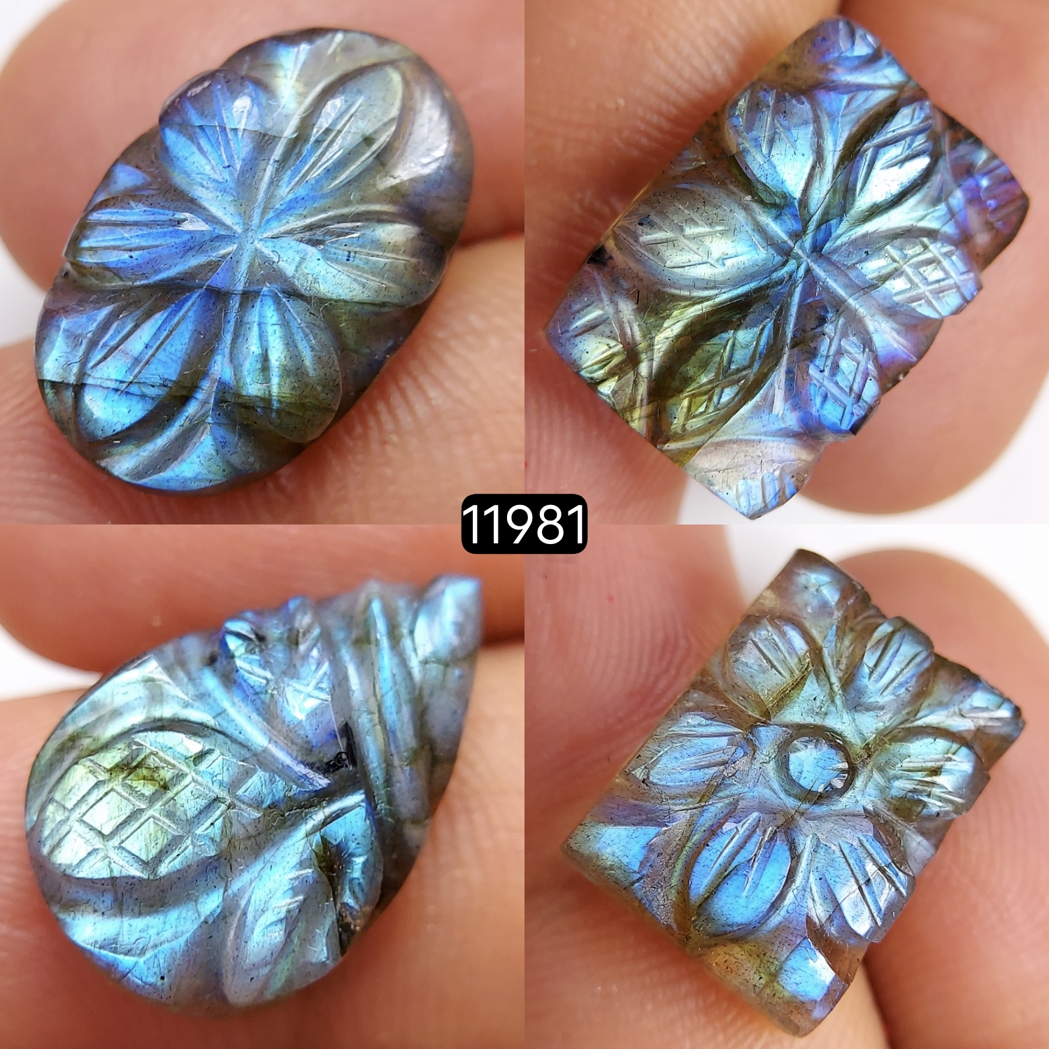 4Pcs 47Cts  Natural Labradorite Mughal Carved Cabochon Blue Flashy Labradorite Carving Gemstone Mix Shape Loose Gemstone Flat Back Labradorite  20x12-18x12mm 11981