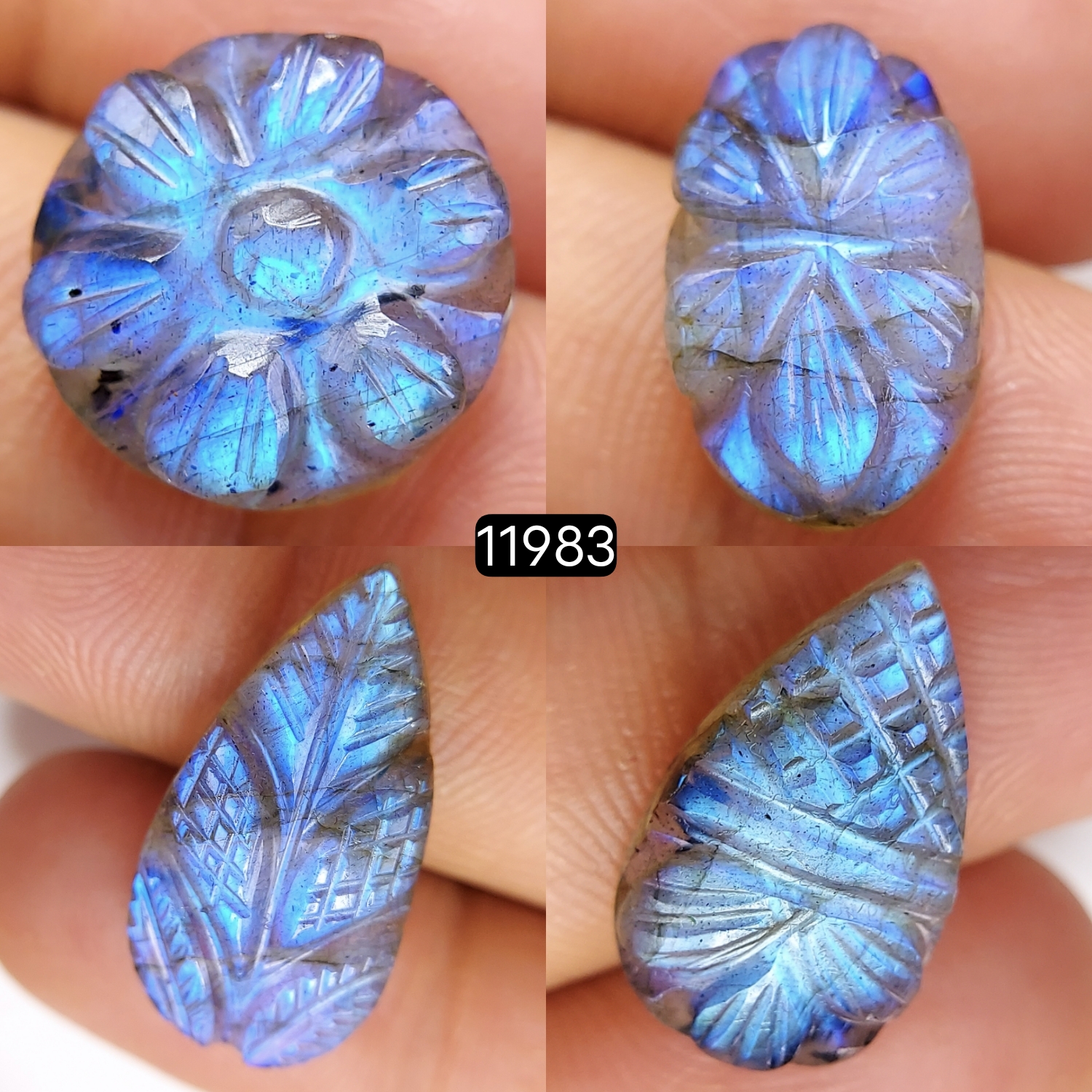 4Pcs 44Cts  Natural Labradorite Mughal Carved Cabochon Blue Flashy Labradorite Carving Gemstone Mix Shape Loose Gemstone Flat Back Labradorite  25x12-15x15mm 11983