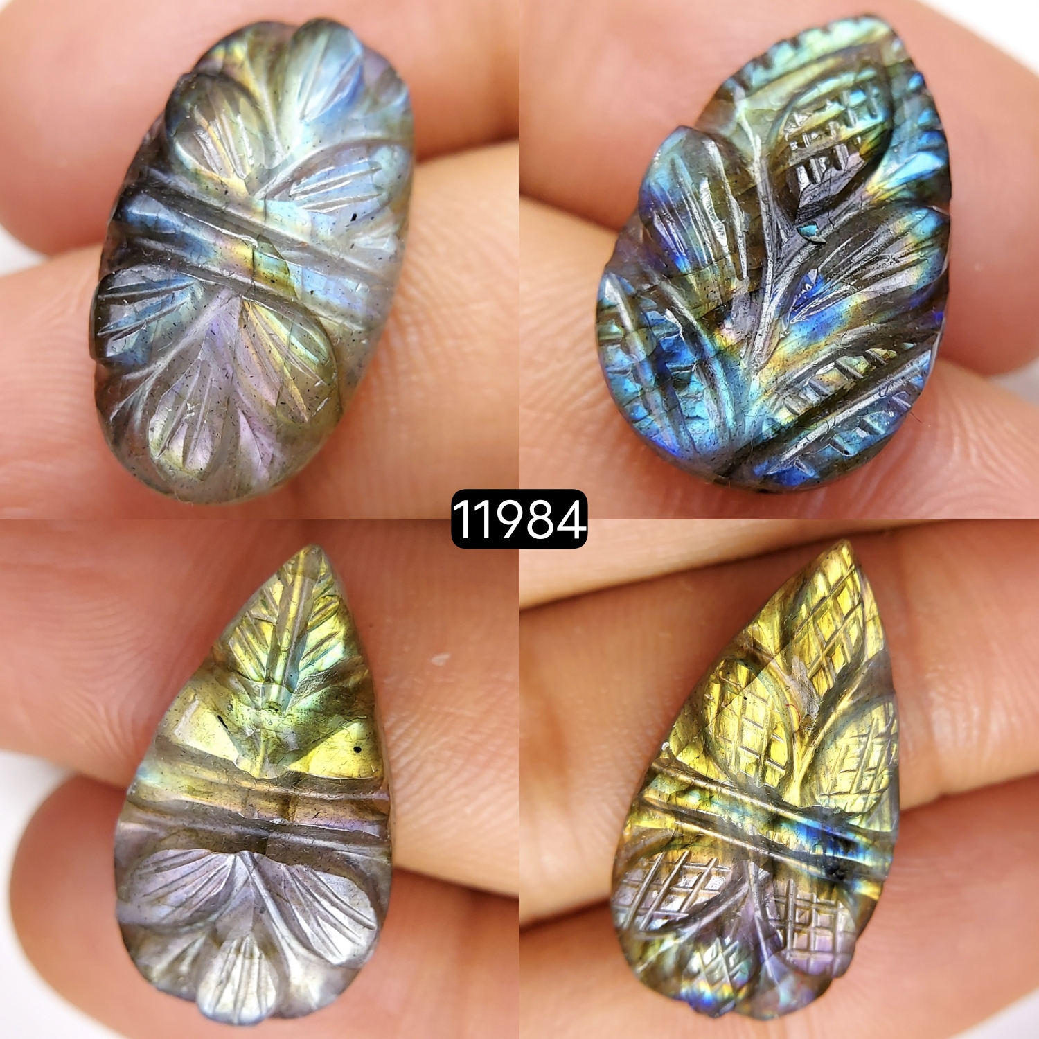 4Pcs 52Cts  Natural Labradorite Mughal Carved Cabochon Blue Flashy Labradorite Carving Gemstone Mix Shape Loose Gemstone Flat Back Labradorite  27x14-20x12mm 11984