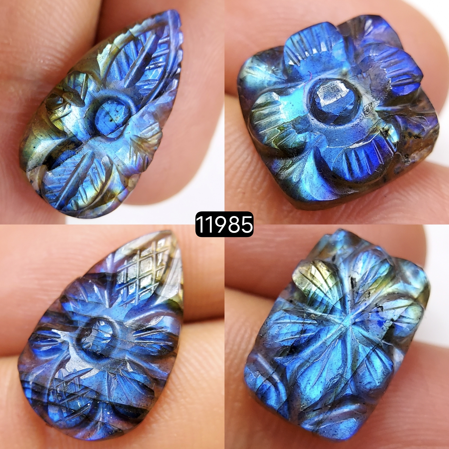 4Pcs 41Cts  Natural Labradorite Mughal Carved Cabochon Blue Flashy Labradorite Carving Gemstone Mix Shape Loose Gemstone Flat Back Labradorite  22x12-14x14mm 11985