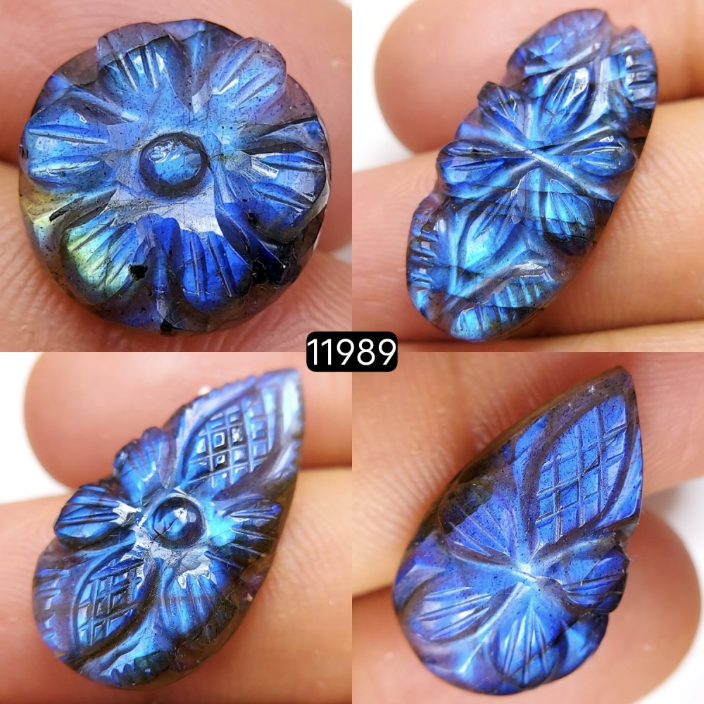 4Pcs 55Cts  Natural Labradorite Mughal Carved Cabochon Blue Flashy Labradorite Carving Gemstone Mix Shape Loose Gemstone Flat Back Labradorite  25x12-14x14mm #11989