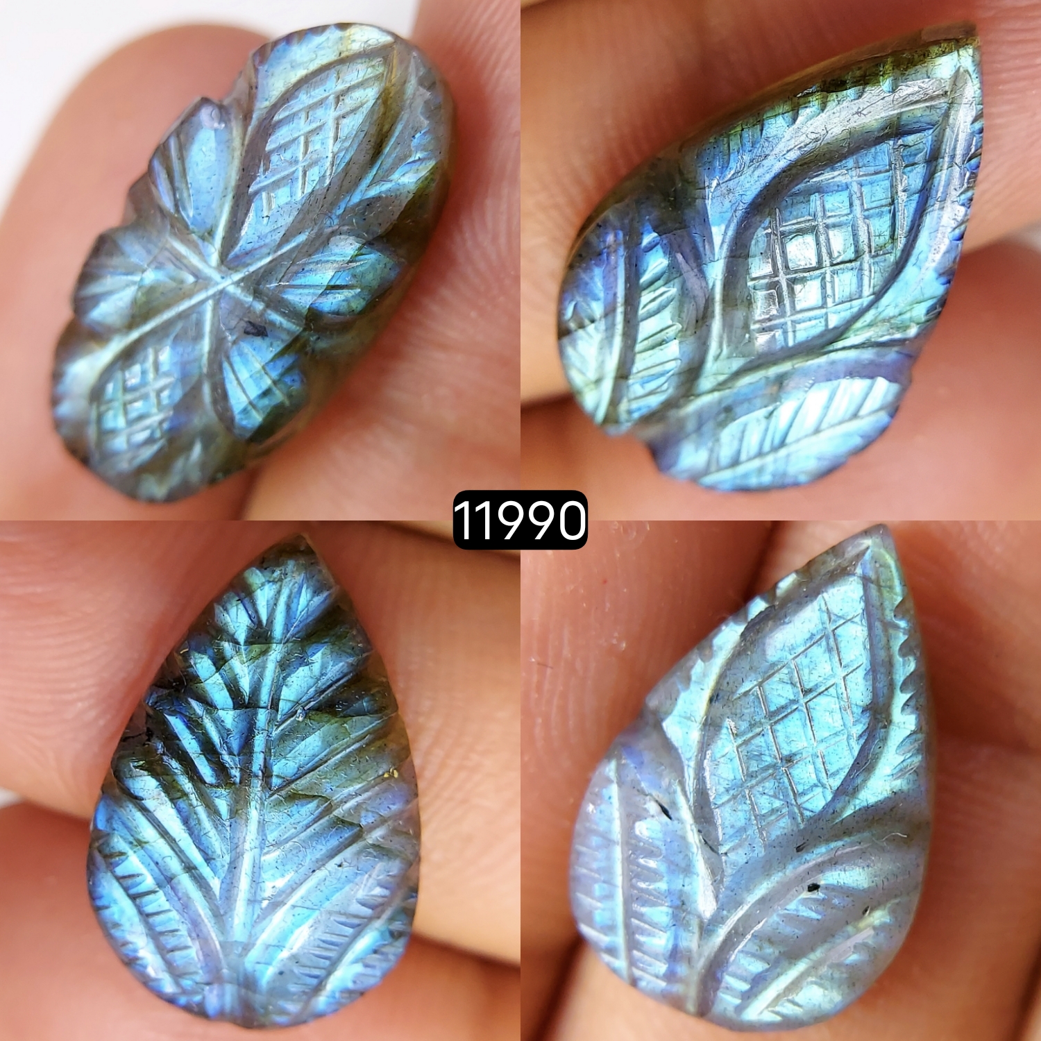 4Pcs 44Cts  Natural Labradorite Mughal Carved Cabochon Blue Flashy Labradorite Carving Gemstone Mix Shape Loose Gemstone Flat Back Labradorite  22x14-18x12mm 11990