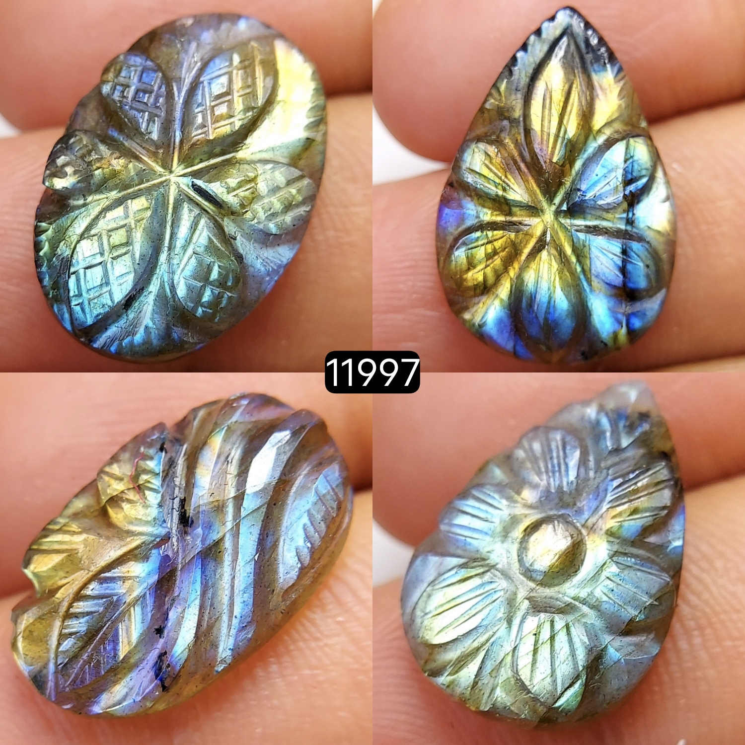 4Pcs 45Cts  Natural Labradorite Mughal Carved Cabochon Blue Flashy Labradorite Carving Gemstone Mix Shape Loose Gemstone Flat Back Labradorite  22x14-20x13mm 11997