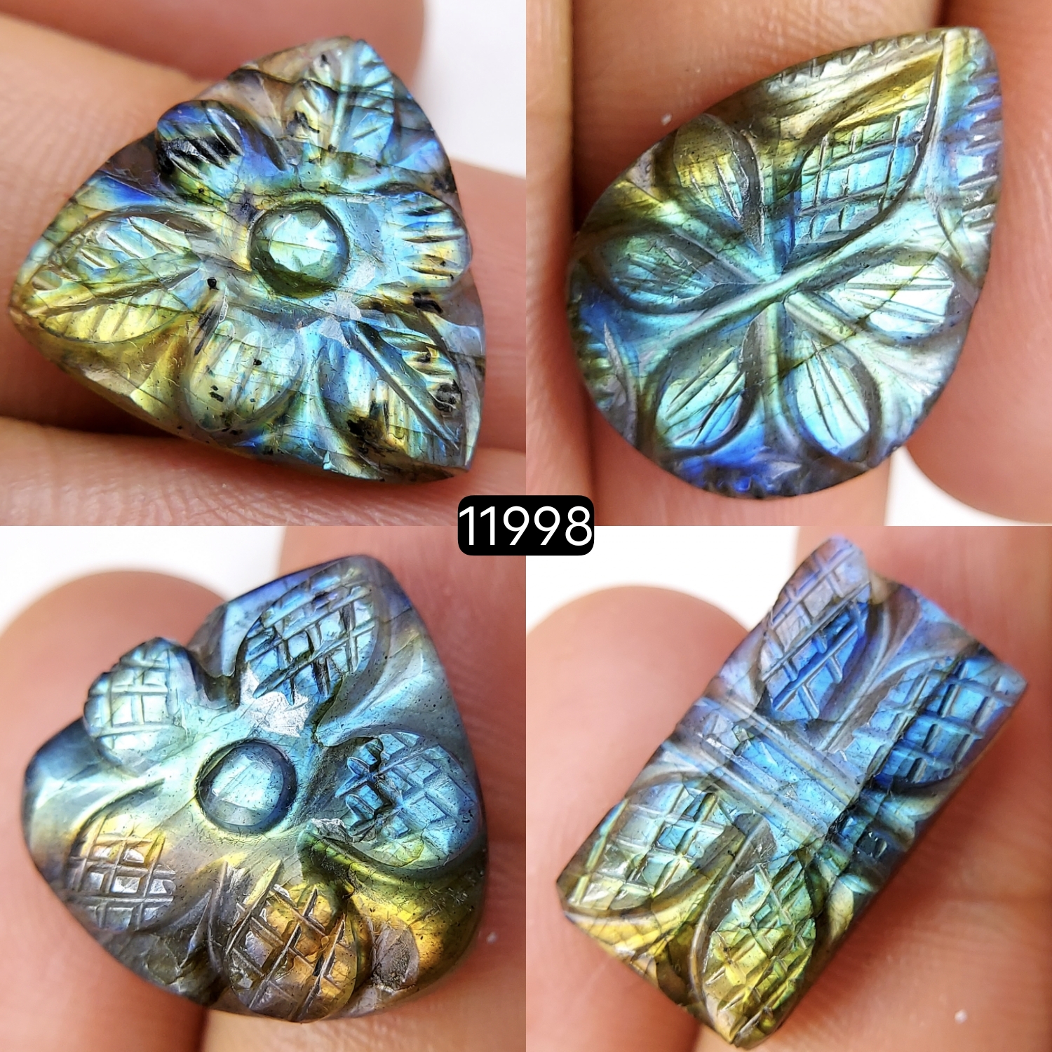 4Pcs 55Cts  Natural Labradorite Mughal Carved Cabochon Blue Flashy Labradorite Carving Gemstone Mix Shape Loose Gemstone Flat Back Labradorite  20x11-18x18mm 11998