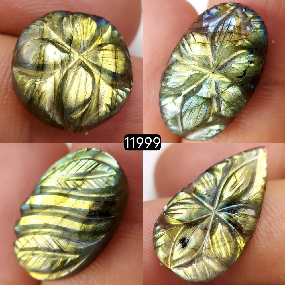 4Pcs 46Cts  Natural Labradorite Mughal Carved Cabochon Blue Flashy Labradorite Carving Gemstone Mix Shape Loose Gemstone Flat Back Labradorite  24x12-15x15mm #11999