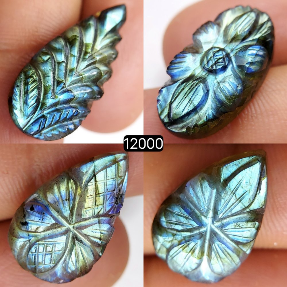 4Pcs 50Cts  Natural Labradorite Mughal Carved Cabochon Blue Flashy Labradorite Carving Gemstone Mix Shape Loose Gemstone Flat Back Labradorite  25x12-18x12mm #12000