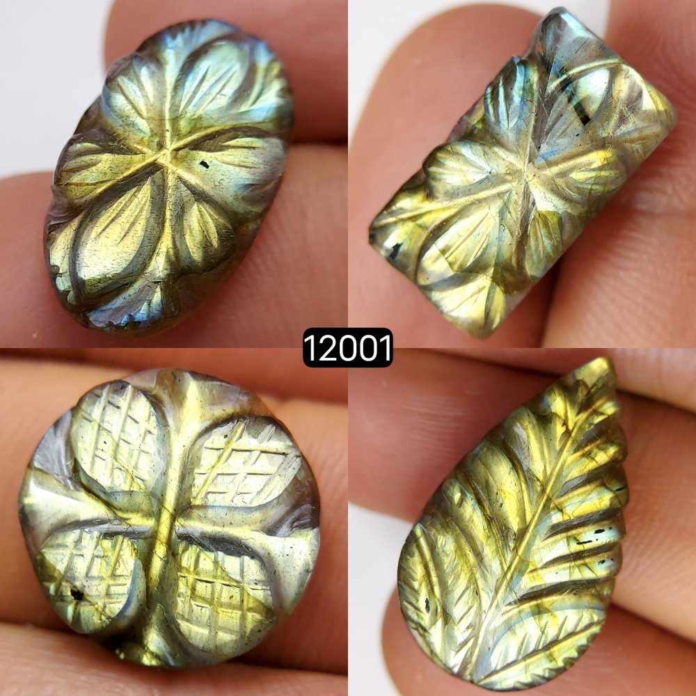 4Pcs 47Cts  Natural Labradorite Mughal Carved Cabochon Blue Flashy Labradorite Carving Gemstone Mix Shape Loose Gemstone Flat Back Labradorite  25x15-16x16mm #12001