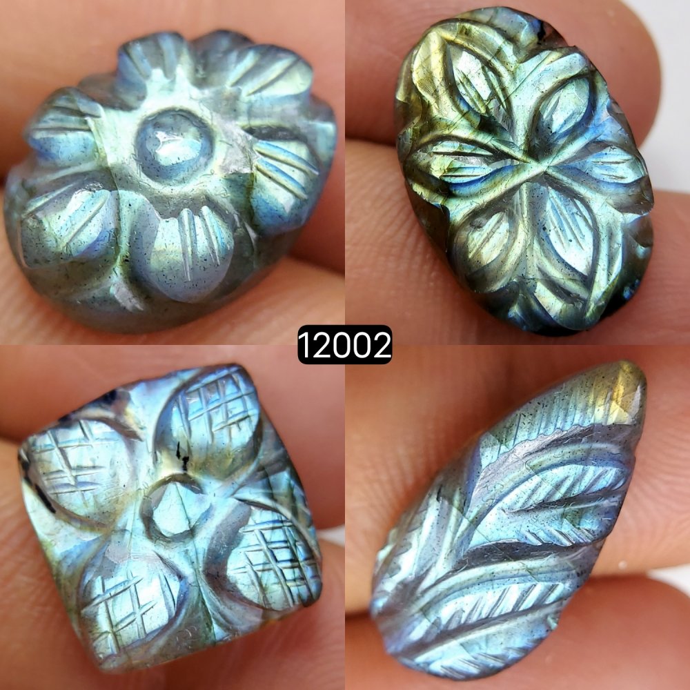 4Pcs 42Cts  Natural Labradorite Mughal Carved Cabochon Blue Flashy Labradorite Carving Gemstone Mix Shape Loose Gemstone Flat Back Labradorite  22x15-15x11mm #12002