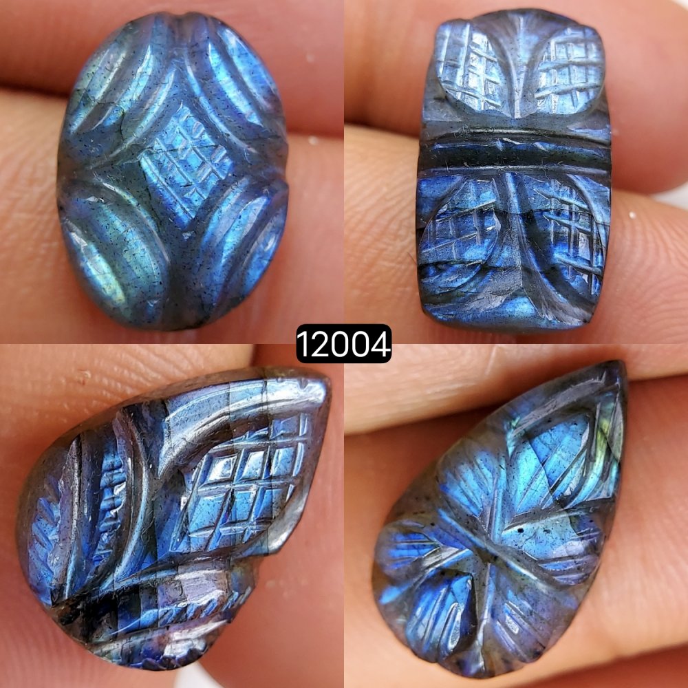 4Pcs 38Cts  Natural Labradorite Mughal Carved Cabochon Blue Flashy Labradorite Carving Gemstone Mix Shape Loose Gemstone Flat Back Labradorite  20x11-15x11mm #12004