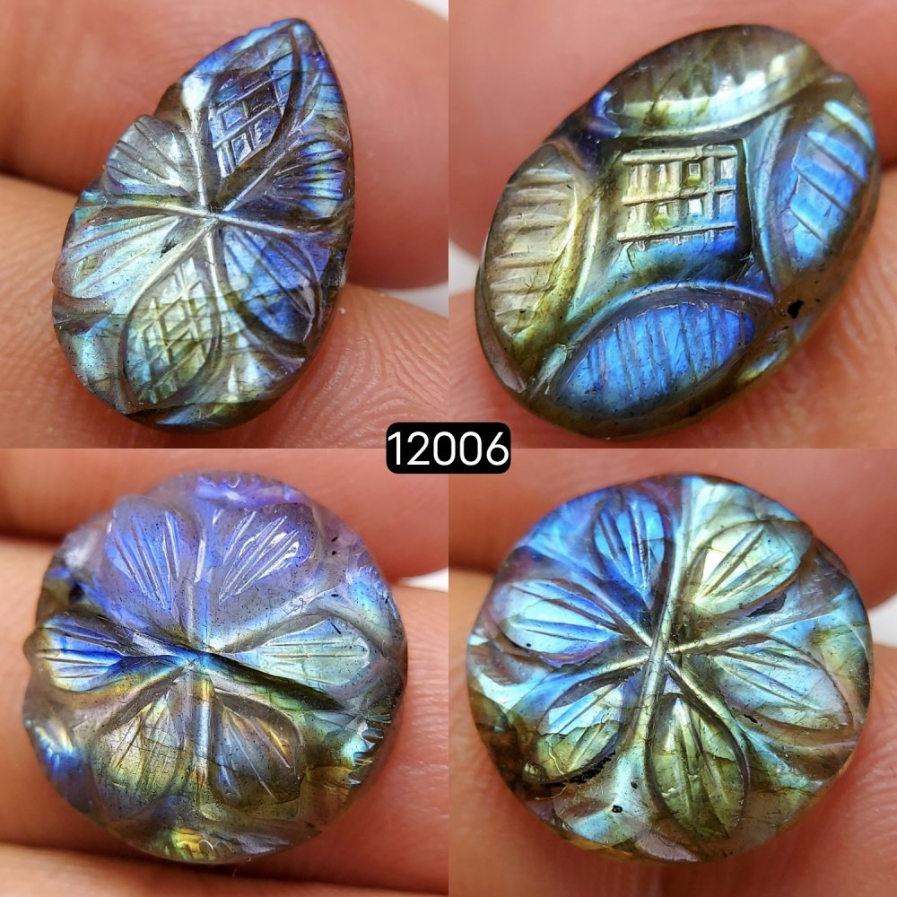 4Pcs 42Cts  Natural Labradorite Mughal Carved Cabochon Blue Flashy Labradorite Carving Gemstone Mix Shape Loose Gemstone Flat Back Labradorite  20x12-16x16mm #12006