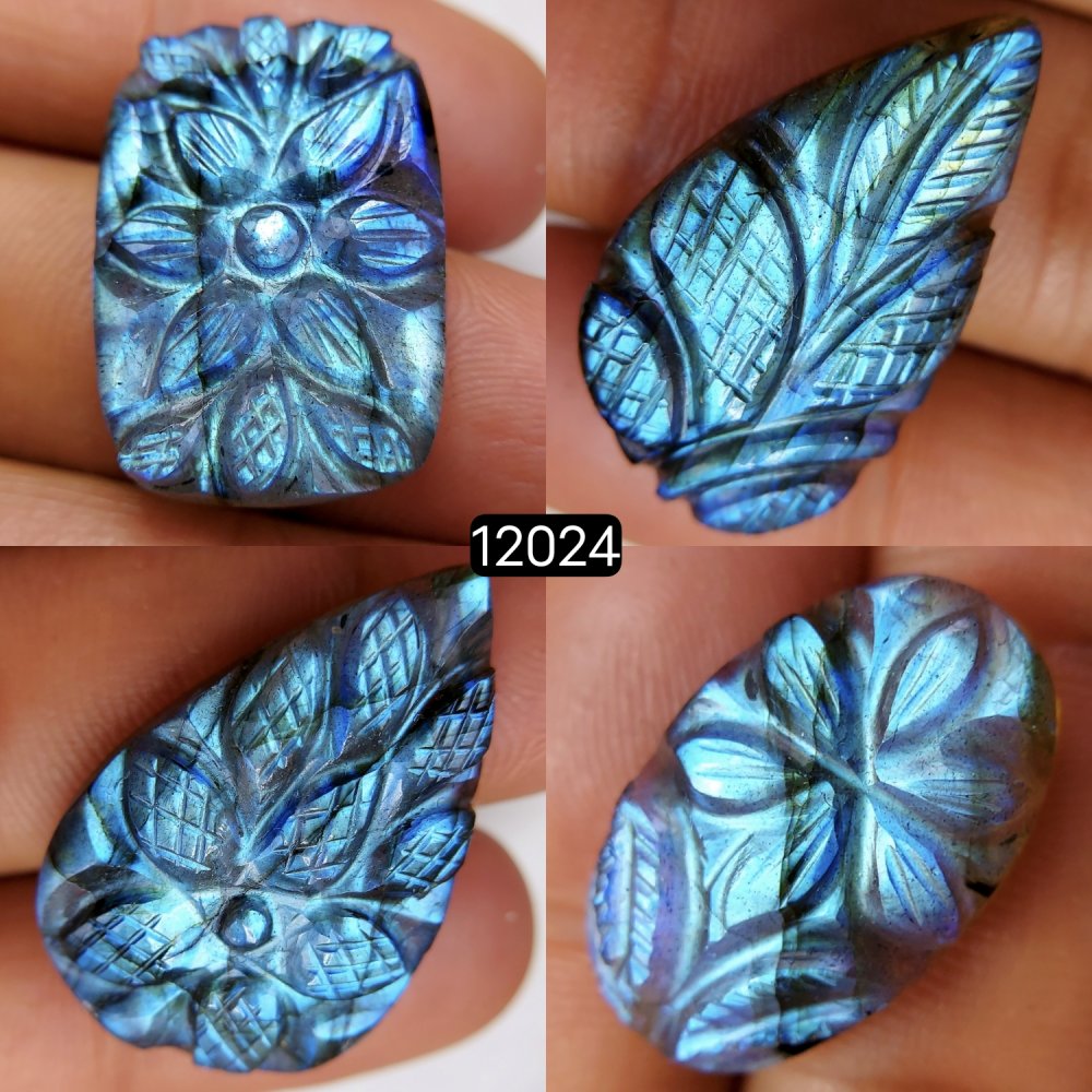 4Pcs 100Cts  Natural Labradorite Mughal Carved Cabochon Blue Flashy Labradorite Carving Gemstone Mix Shape Loose Gemstone Flat Back Labradorite  30x20-23x15mm #12024