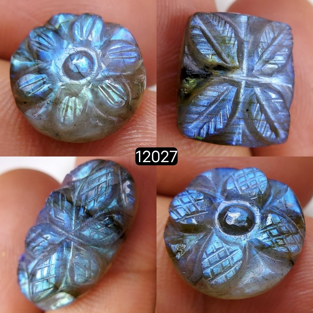 4Pcs 45Cts  Natural Labradorite Mughal Carved Cabochon Blue Flashy Labradorite Carving Gemstone Mix Shape Loose Gemstone Flat Back Labradorite  24x12-14x14mm #12027