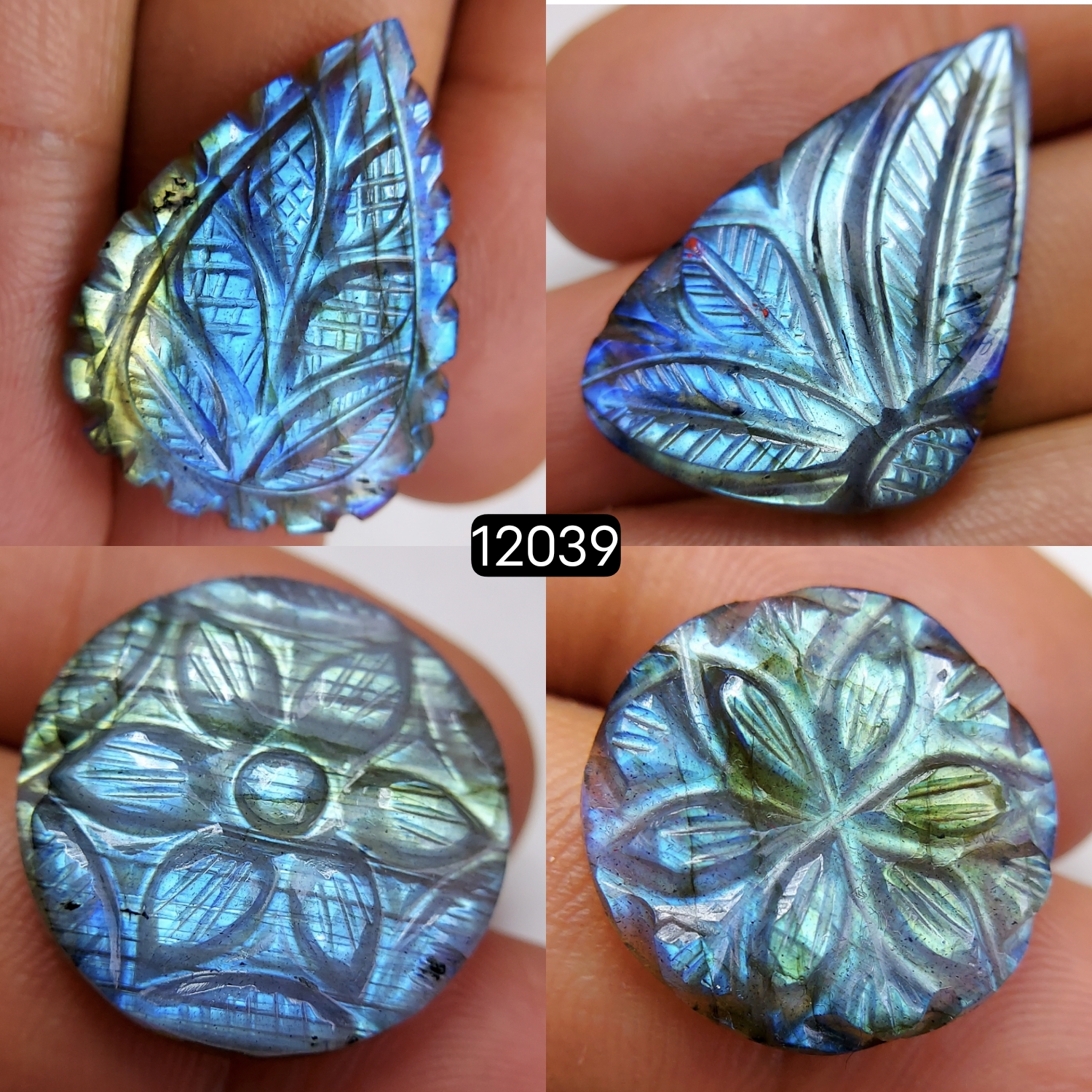 4Pcs 91Cts  Natural Labradorite Mughal Carved Cabochon Blue Flashy Labradorite Carving Gemstone Mix Shape Loose Gemstone Flat Back Labradorite  30x20-20x20mm 12039