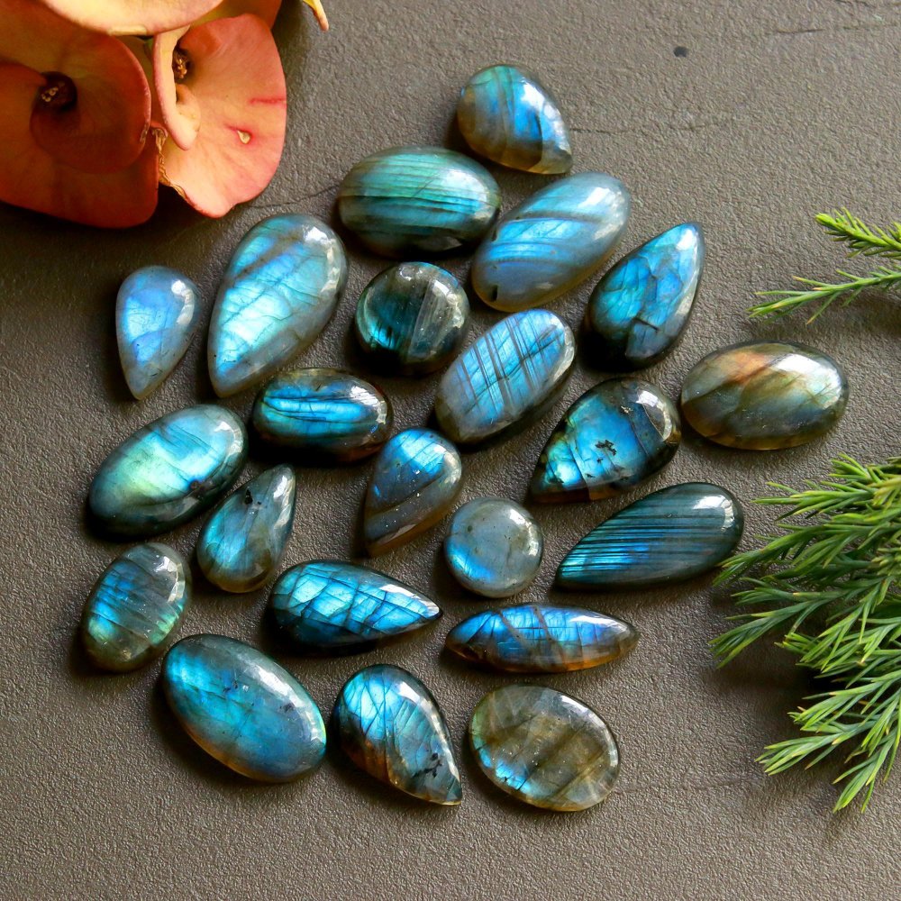 22 Pcs 220 Cts  Natural Labradorite Cabochon Loose Gemstone Jewelry Wire Wrapped Pendant Semi-Precious Healing Crystal Lots   24x12-10x10mm #12173