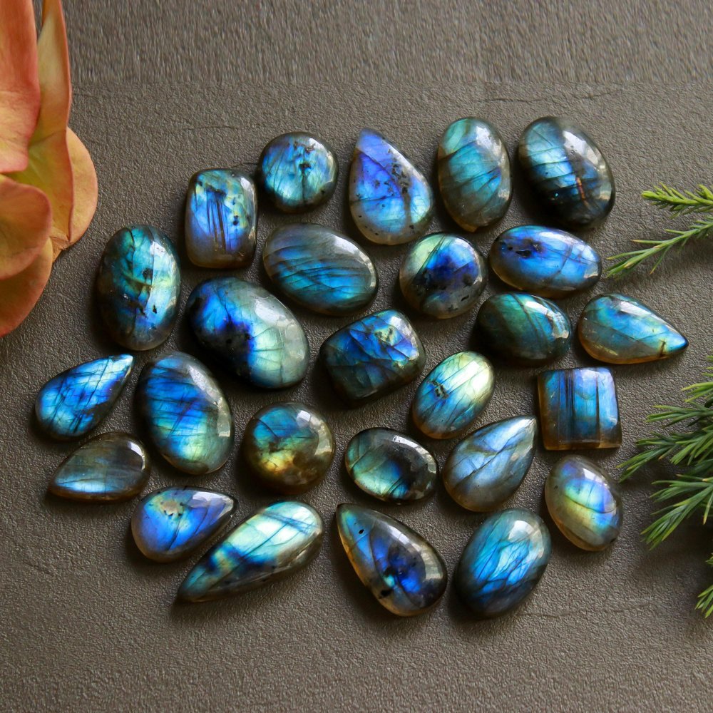 26 Pcs 222 Cts  Natural Labradorite Cabochon Loose Gemstone Jewelry Wire Wrapped Pendant Semi-Precious Healing Crystal Lots   23x10-12x12mm #12178