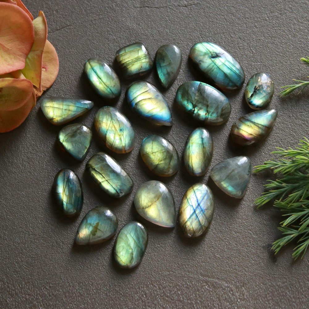 20 Pcs 177 Cts  Natural Labradorite Cabochon Loose Gemstone Jewelry Wire Wrapped Pendant Semi-Precious Healing Crystal Lots   22x12-10x10mm #12187