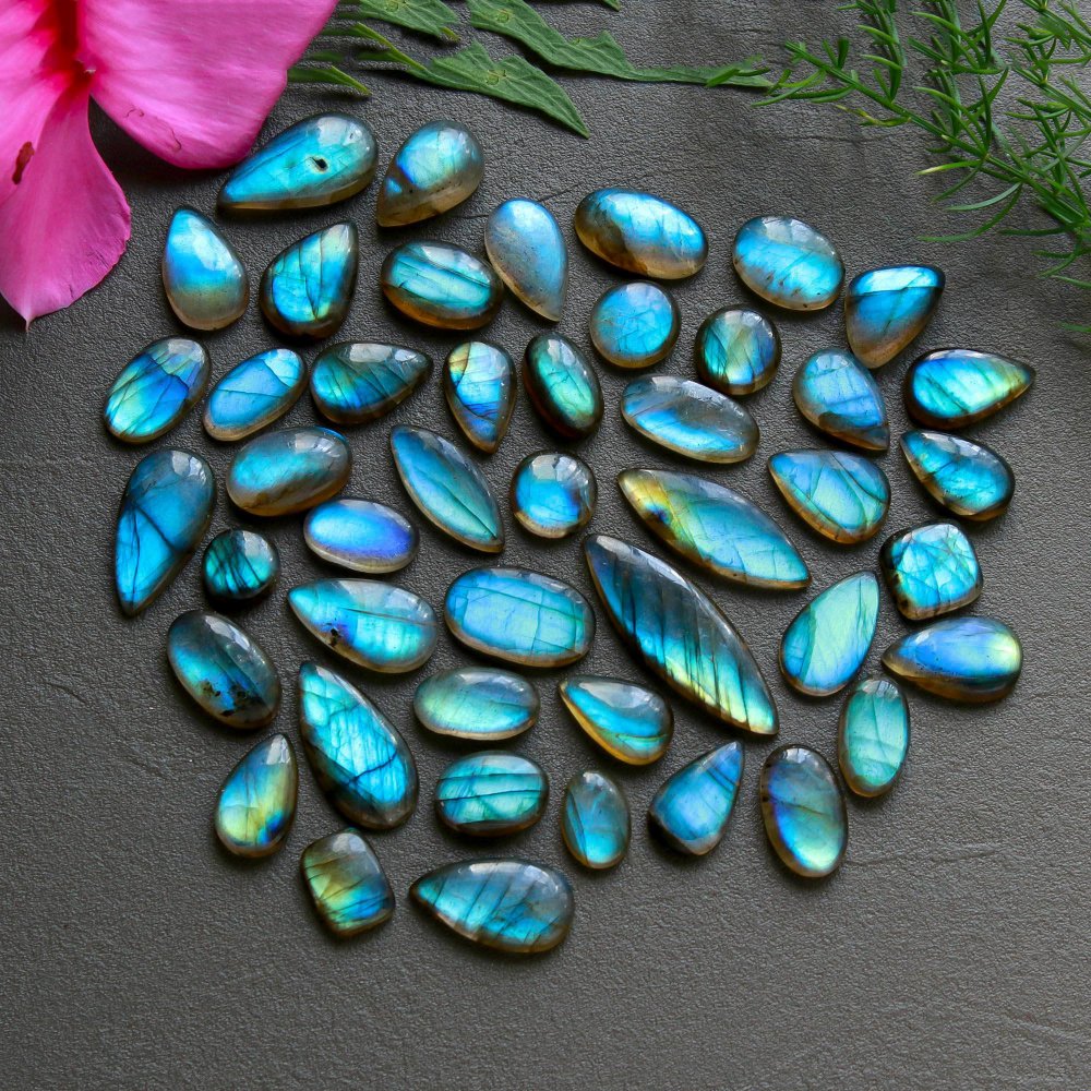 46 Pcs 154 Cts  Natural Labradorite Cabochon Loose Gemstone Jewelry Wire Wrapped Pendant Semi-Precious Healing Crystal Lots   9x19-6x10mm #12192