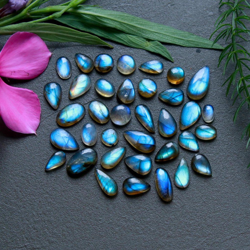 36 Pcs 57 Cts  Natural Labradorite Cabochon Loose Gemstone Jewelry Wire Wrapped Pendant Semi-Precious Healing Crystal Lots   7x14-4x6mm #12193