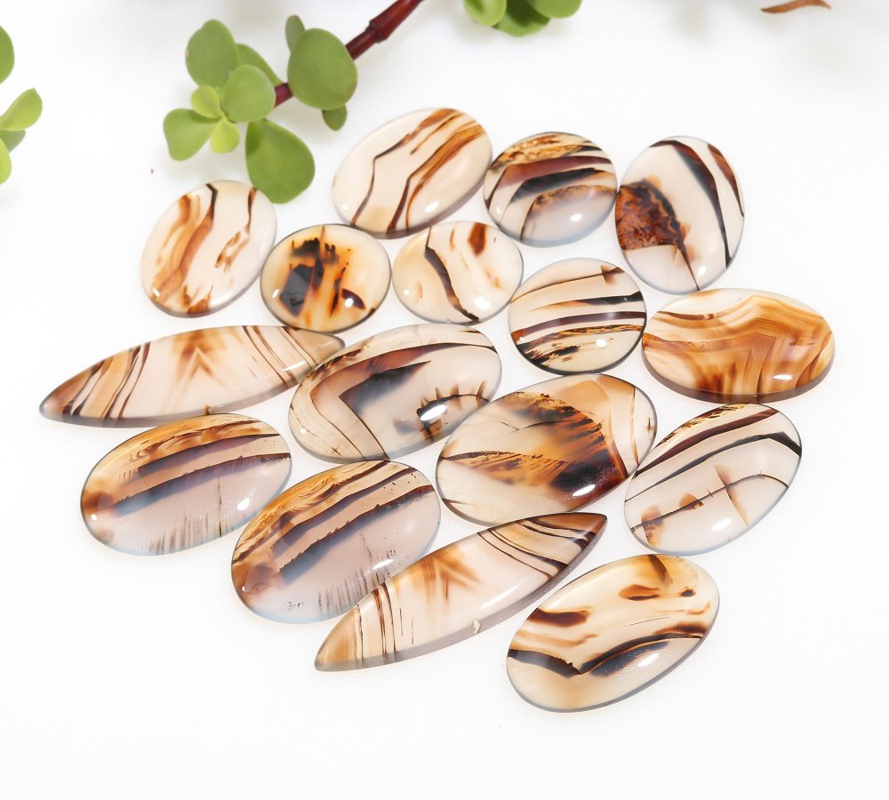 16Pcs 302Cts Natural Brown Montana Agate Cabochon Loose Gemstone Flat Back Semi Precious Stone Jewelry Making Crystal  21x32-18x24mm #12229