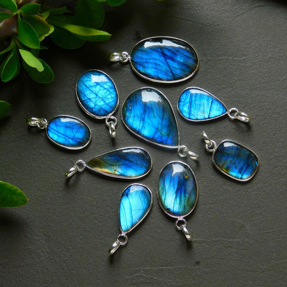 9 Pcs 140 Cts Natural Labradorite Silver Plated Pendant Semi-Precious Healing Crystal Jewelry Lots 21x36-13x26mm #12435