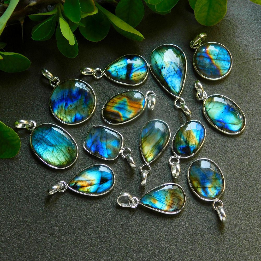 13 Pcs 160 Cts Natural Labradorite Silver Plated Pendant Semi-Precious Healing Crystal Jewelry Lots 17x31-13x23mm #12437