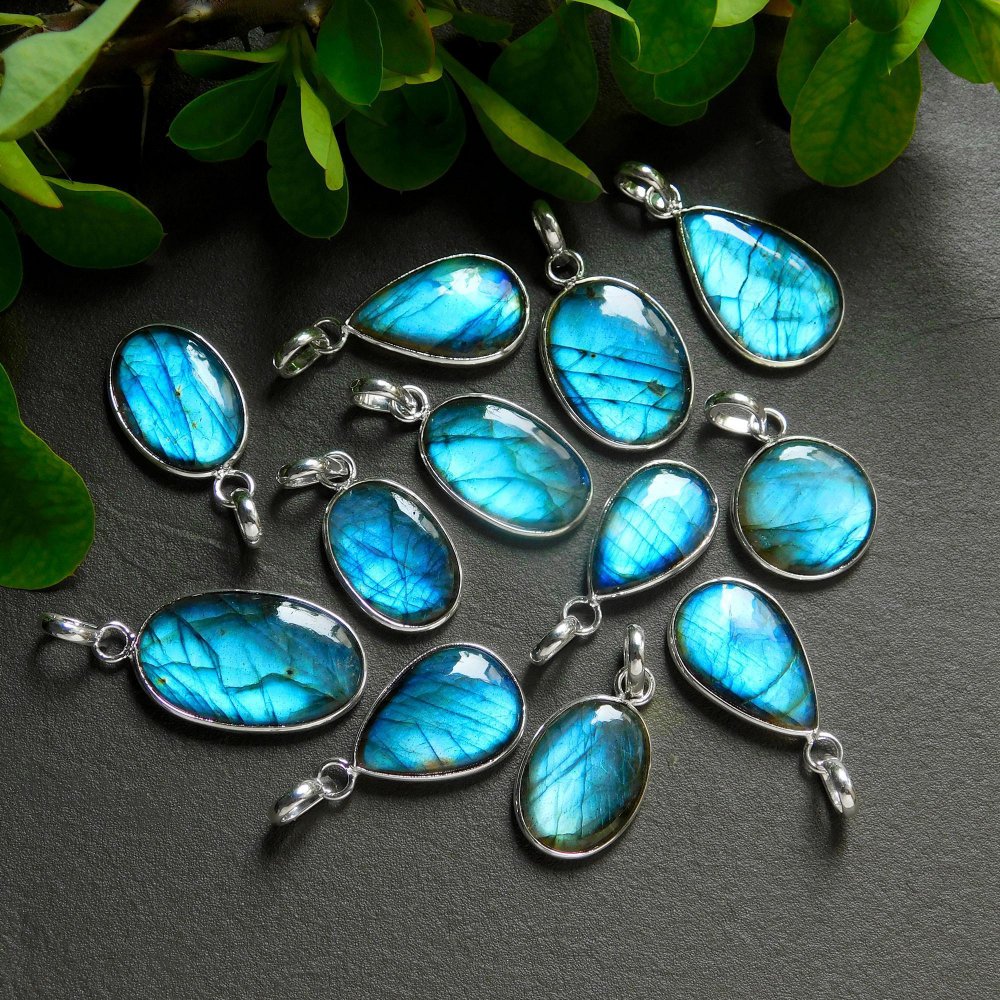 12 Pcs 155 Cts Natural Labradorite Silver Plated Pendant Semi-Precious Healing Crystal Jewelry Lots 16x31-12x25mm #12438