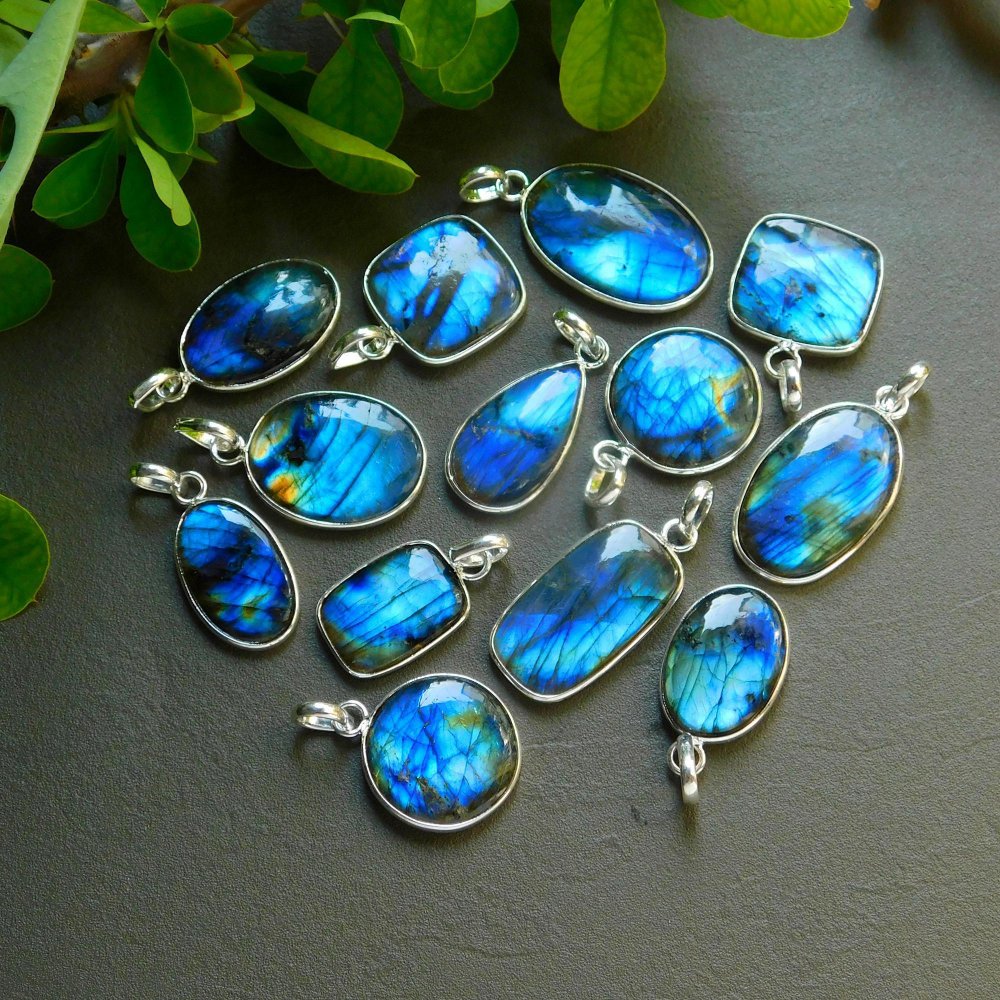 13 Pcs 214 Cts Natural Labradorite Silver Plated Pendant Semi-Precious Healing Crystal Jewelry Lots 19x33-13x26mm #12440