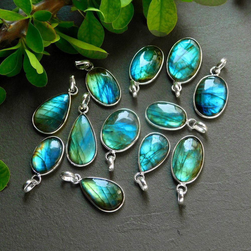 12 Pcs 158 Cts Natural Labradorite Silver Plated Pendant Semi-Precious Healing Crystal Jewelry Lots 16x29-13x25mm #12442