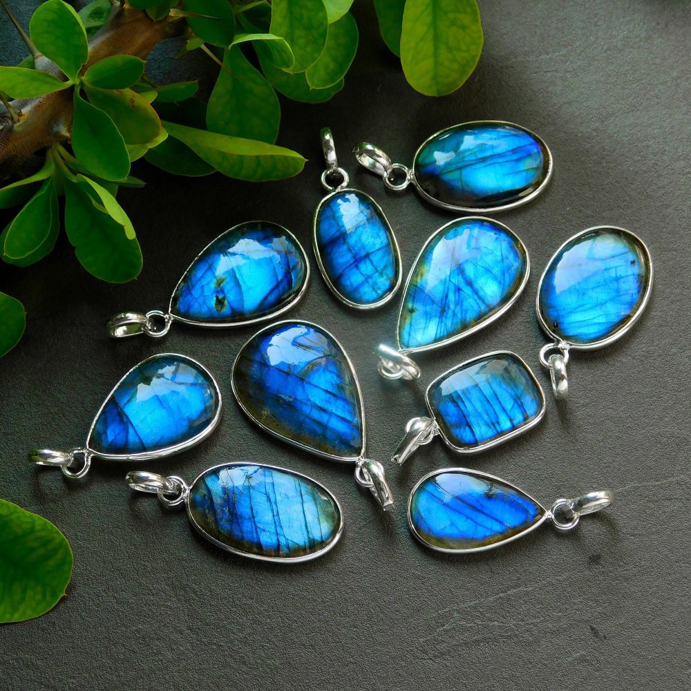 10 Pcs 157 Cts Natural Labradorite Silver Plated Pendant Semi-Precious Healing Crystal Jewelry Lots 17x33-13x26mm #12443