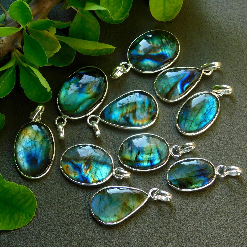 10 Pcs 145 Cts Natural Labradorite Silver Plated Pendant Semi-Precious Healing Crystal Jewelry Lots 16x29-13x25mm #12445