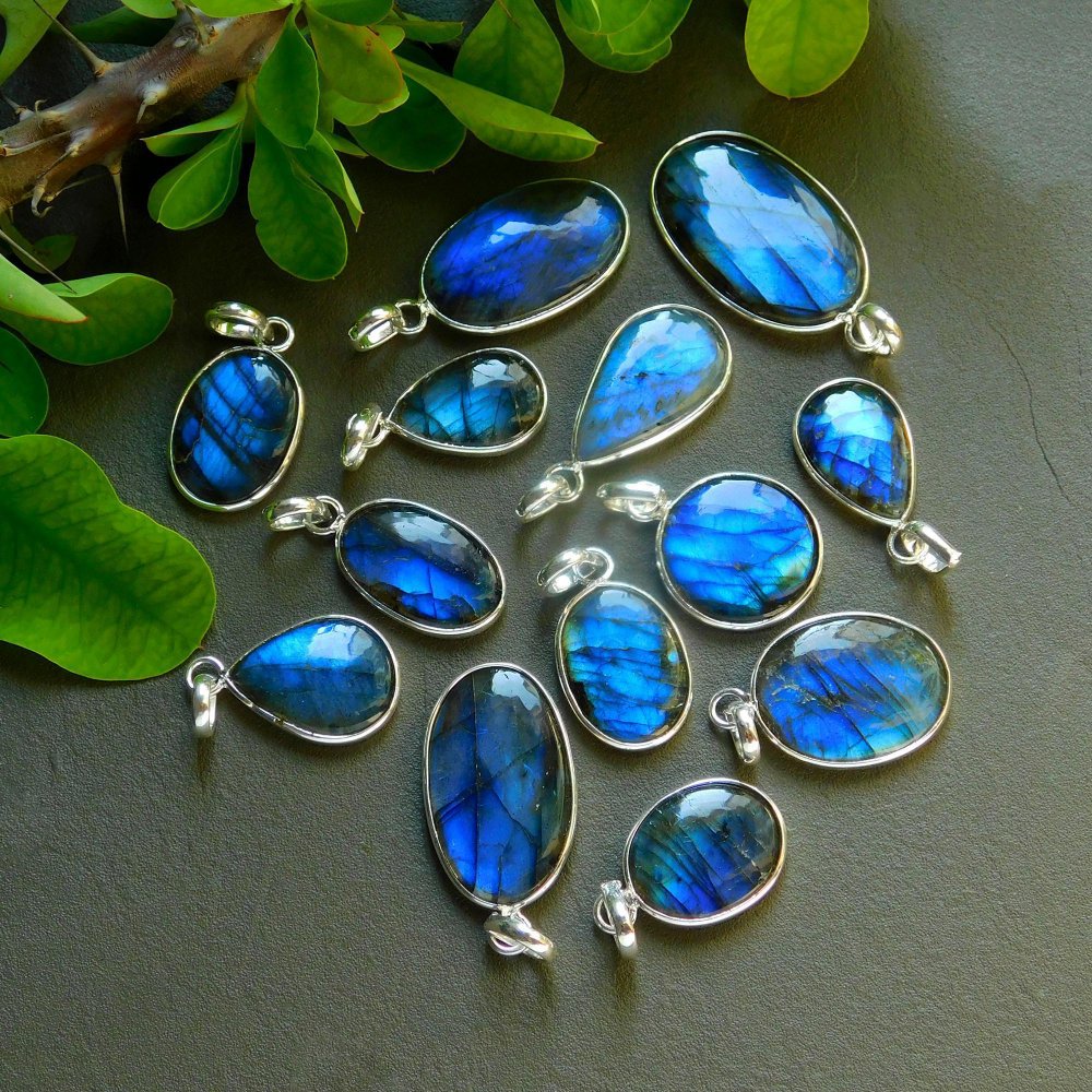 13 Pcs 180 Cts Natural Labradorite Silver Plated Pendant Semi-Precious Healing Crystal Jewelry Lots 19x35-13x23mm #12446