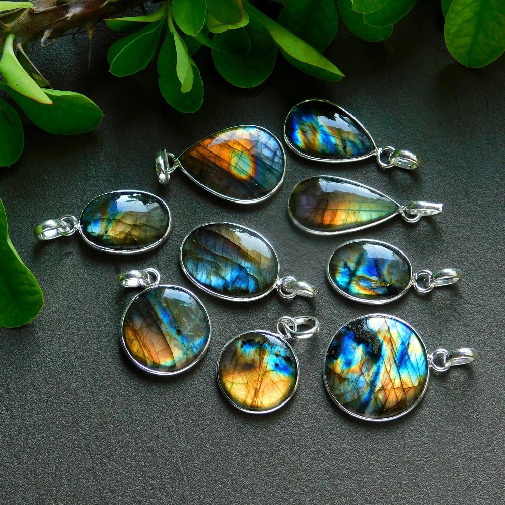 9 Pcs 120 Cts Natural Labradorite Silver Plated Pendant Semi-Precious Healing Crystal Jewelry Lots 22x27-14x23mm #12451